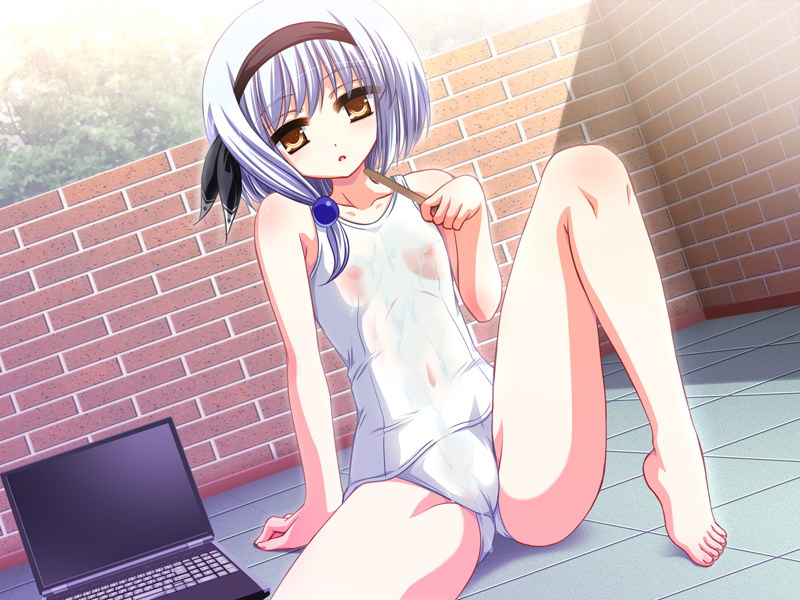 sena riku, yukizuki chikuba, shin genre esudere!!, game cg, non-web source, 1girl, barefoot, brown eyes, computer, computer keyboard, female focus, food, hairband, laptop, look-alike, one-piece swimsuit, popsicle, popsicle stick, school swimsuit, see-through clothes, short hair, solo, spread legs, swimsuit, white hair, white one-piece swimsuit, white school swimsuit