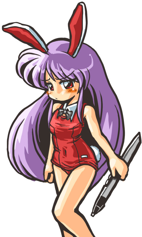 winn, reisen udongein inaba, touhou, 1girl, animal ears, bare legs, blush, bow, bowtie, electric wind instrument, female focus, instrument, long hair, old school swimsuit, one-piece swimsuit, playboy bunny, playboy bunny swimsuit, purple hair, rabbit ears, rabbit girl, rabbit tail, red eyes, red one-piece swimsuit, school swimsuit, solo, swimsuit, tail, very long hair