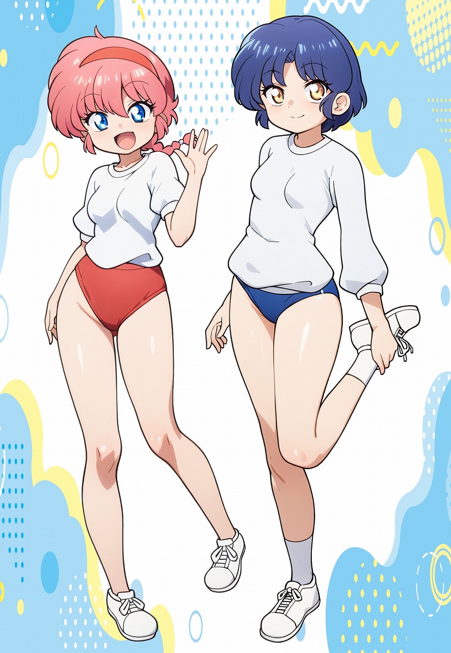 odochi (1or8), ranma-chan, tendou akane, ranma 1/2, commentary request, highres, 2girls, blue buruma, blue eyes, blue hair, braid, braided ponytail, breasts, buruma, full body, gym shirt, gym uniform, hairband, looking at viewer, multiple girls, open mouth, pink hair, red buruma, shirt, shoes, short hair, short sleeves, single braid, smile, socks, standing, standing on one leg, white shirt, white shoes, white socks