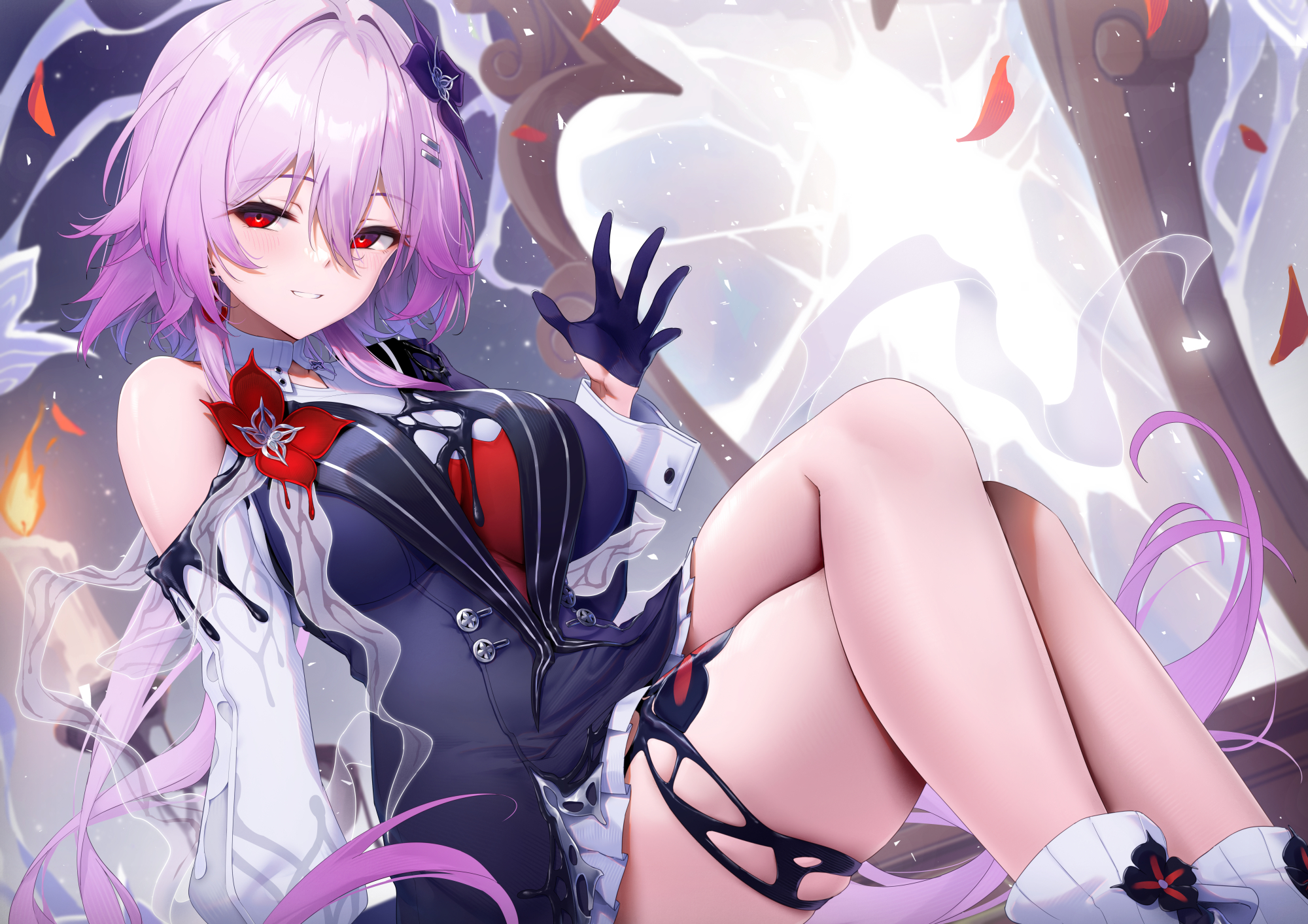 xfate, evernight (honkai: star rail), march 7th (honkai: star rail), honkai: star rail, honkai (series), commentary, highres, 1girl, alternate breast size (larger), asymmetrical clothes, asymmetrical dress, black dress, black gloves, breasts, broken mirror, candle, crossed legs, dress, earrings, feet out of frame, flower, gloves, hair between eyes, hair flower, hair ornament, hairclip, half gloves, hand up, jewelry, large breasts, long hair, looking at viewer, mirror, parallel hairclips, parted lips, pink hair, purple flower, red eyes, red petals, single bare shoulder, sitting, smile, solo, thighlet, thighs, waving