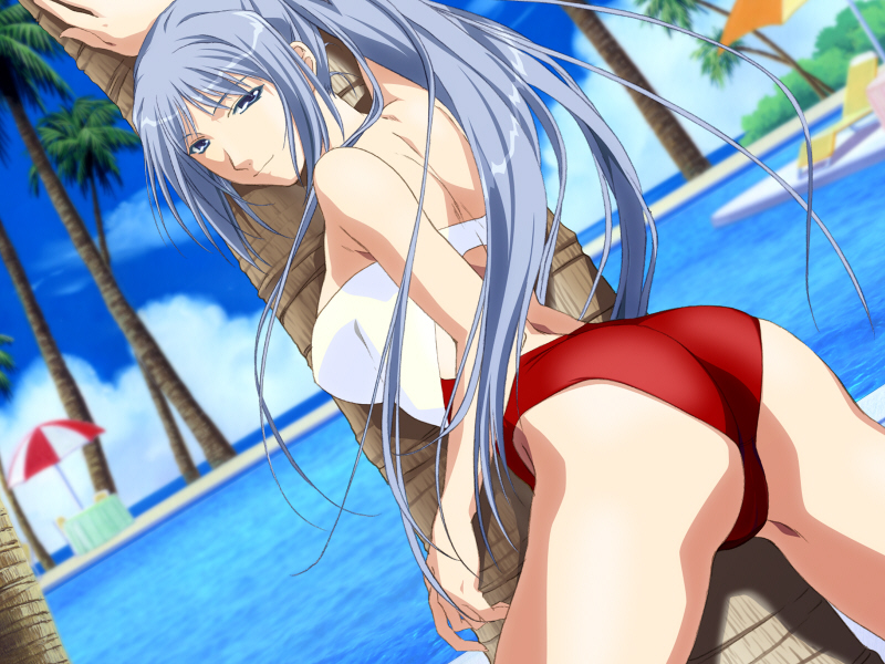 hashimoto takashi, himuro kyouko, eve (series), eve ~new generation x~, game cg, 1girl, against tree, arm up, ass, back, blue eyes, blue hair, blurry, breasts, casual one-piece swimsuit, chair, cloud, cowboy shot, day, depth of field, dutch angle, female focus, from behind, hair over shoulder, half-closed eyes, high ponytail, long hair, looking at viewer, looking back, lounge chair, matching hair/eyes, one-piece swimsuit, palm tree, parted bangs, ponytail, pool, poolside, presenting, red one-piece swimsuit, sideboob, sidelocks, sky, solo, spread legs, standing, strapless, strapless one-piece swimsuit, swimsuit, table, thighs, tree, umbrella, very long hair, water, white one-piece swimsuit