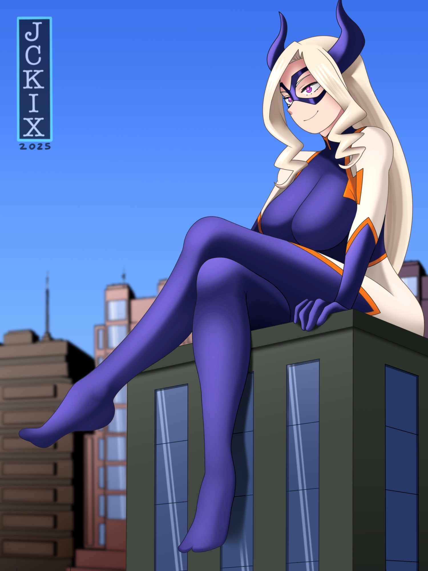 jckix, mount lady, boku no hero academia, highres, 1girl, blonde hair, bodysuit, breasts, building, domino mask, drill hair, drill sidelocks, eye mask, fake horns, giant, giantess, gloves, horns, large breasts, legs, long hair, long legs, mask, purple bodysuit, sidelocks, signature, sitting, sitting on building, smile, solo