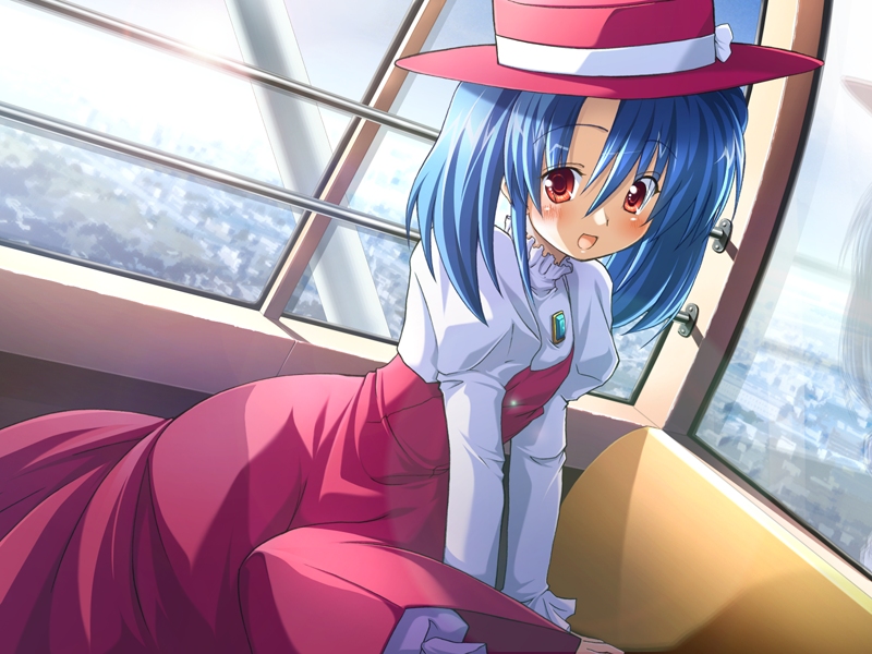 ozawa akifumi, emiru meibii, waga mama capriccio, wagamama capriccio, game cg, non-web source, 1girl, blue hair, dress, dutch angle, female focus, ferris wheel, ferris wheel interior, hat, landscape, long hair, porkpie hat, red eyes, solo, twintails