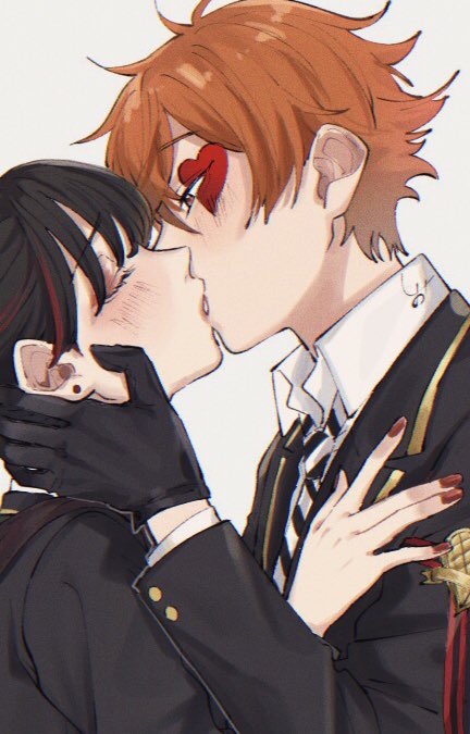 mabi (vuwn2437), ace trappola, yuu (twisted wonderland), twisted wonderland, bad id, bad twitter id, commentary request, commission, second-party source, skeb commission, 1boy, 1girl, artist name, black gloves, black hair, black jacket, blush, chromatic aberration, closed eyes, collared shirt, couple, diagonal-striped clothes, diagonal-striped necktie, earrings, eyeshadow, facial mark, film grain, from side, gloves, hand on another's cheek, hand on another's chest, hand on another's face, heart, heart facial mark, hetero, jacket, jewelry, kiss, lapels, long sleeves, looking at another, makeup, multicolored hair, nail polish, necktie, night raven college school uniform, notched lapels, orange hair, red eyes, red eyeshadow, red hair, red nails, school uniform, shirt, short hair, signature, simple background, striped clothes, stud earrings, two-tone hair, u u, upper body, white background, white shirt, wing collar