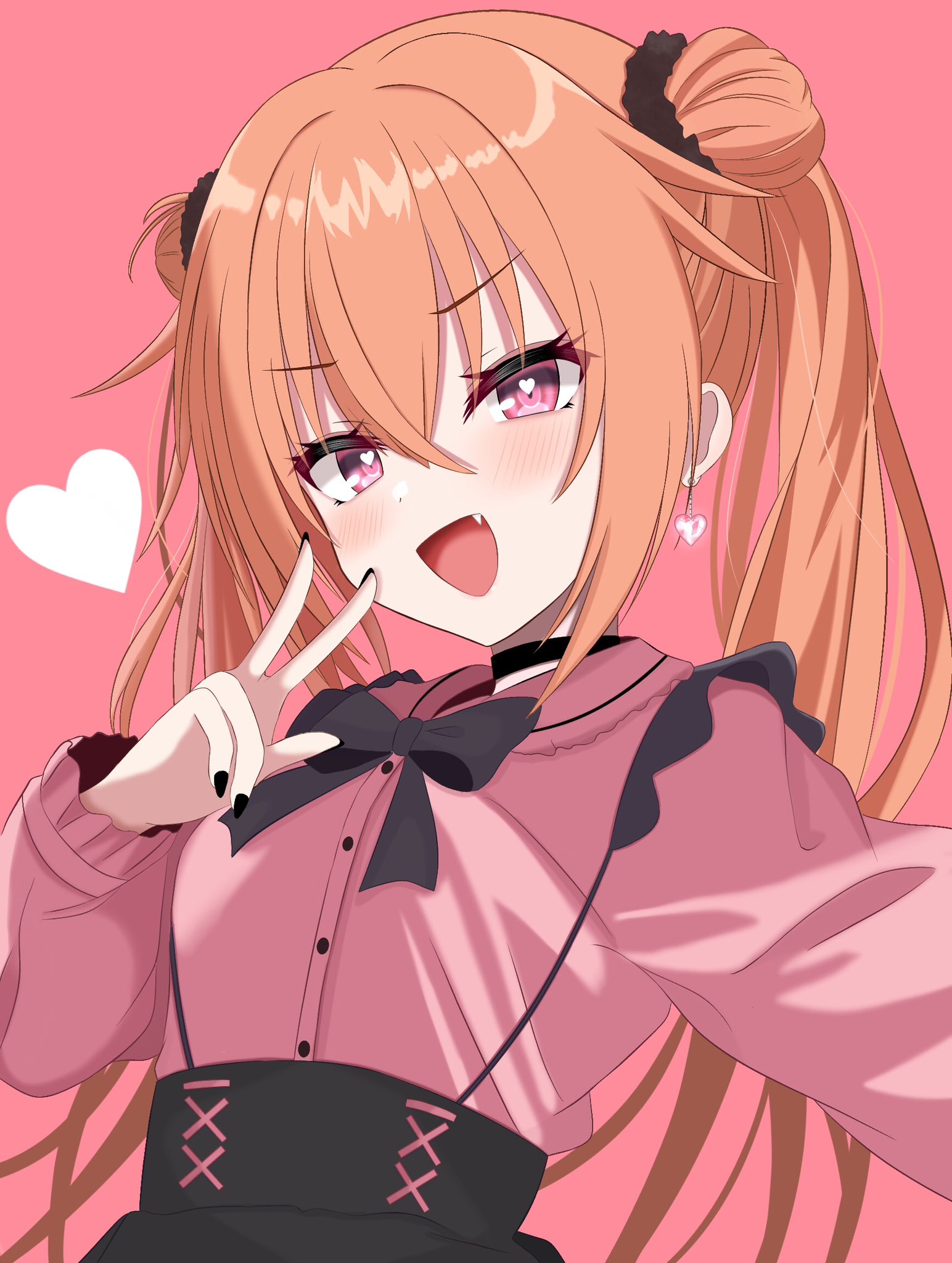 chinoha usagi, inaba meguru, sanoba witch, commentary request, highres, 1girl, :d, alternate costume, alternate hairstyle, black bow, black bowtie, black choker, black nails, black scrunchie, black skirt, blush, bow, bowtie, buttons, choker, double bun, earrings, fang, frilled shirt collar, frills, hair between eyes, hair bun, hair ornament, hair scrunchie, hand up, heart, heart-shaped pupils, heart earrings, high-waist skirt, jewelry, jirai kei, long hair, long sleeves, looking at viewer, nail polish, open mouth, orange hair, pink background, pink shirt, red eyes, scrunchie, shirt, sidelocks, simple background, skirt, smile, smug, solo, suspender skirt, suspenders, symbol-shaped pupils, twintails, v, v-shaped eyebrows, very long hair