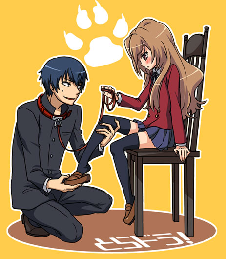 nico (hero300), aisaka taiga, takasu ryuuji, toradora!, bad id, bad pixiv id, 00s, blue hair, blush, brown eyes, brown hair, collar, leash, long hair, putting on footwear, school uniform, skirt, thighhighs, zettai ryouiki