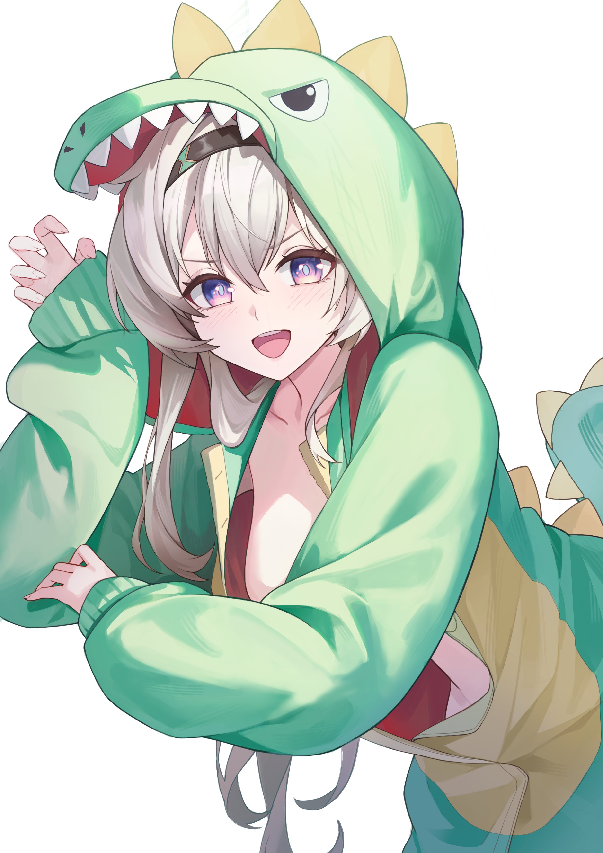 jw (wrdawrda), firefly (honkai: star rail), honkai: star rail, honkai (series), absurdres, commentary, highres, symbol-only commentary, 1girl, black hairband, blue pupils, breasts, claw pose, collarbone, convenient arm, grey hair, hair between eyes, hairband, hand up, leaning forward, light blush, long hair, looking at viewer, medium breasts, onesie, open clothes, open mouth, open onesie, pajamas, purple eyes, simple background, smile, solo, white background