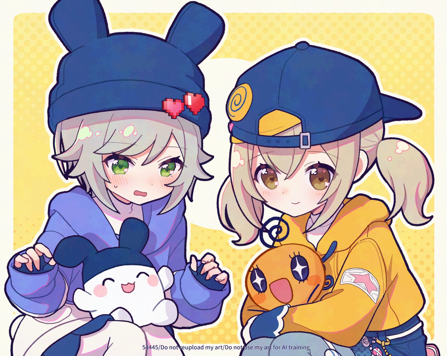 koyoshi yoko, azusawa kohane, hinomori shiho, project sekai, tamagotchi, character request, commentary request, + +, 2girls, ahoge, baseball cap, blue hat, blush, brown eyes, brown hair, closed mouth, crossover, fingerless gloves, gloves, green eyes, grey hair, hat, heart, hood, hood down, jacket, long sleeves, looking at another, multiple girls, official alternate costume, open mouth, orange jacket, short hair, short twintails, smile, twintails, watermark