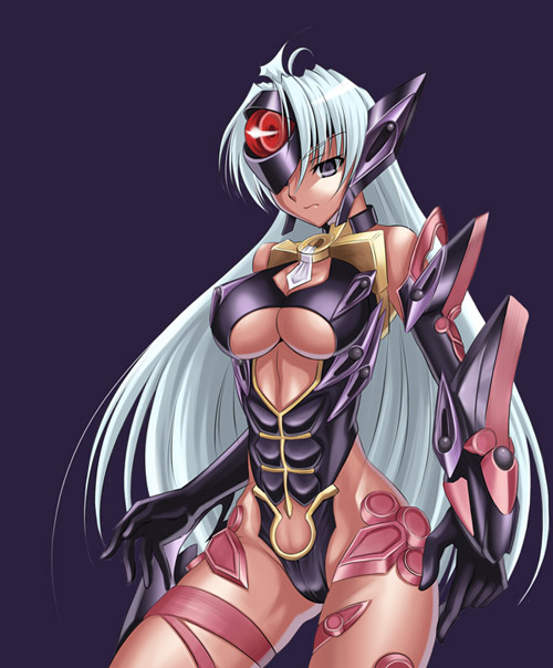 syunzou, t-elos, super robot wars, super robot wars og saga mugen no frontier, xenosaga, xenosaga episode iii, silver hair, 00s, 1girl, breasts, center opening, cleavage, cyborg, dark-skinned female, dark skin, female focus, large breasts, long hair, purple eyes, solo, underboob