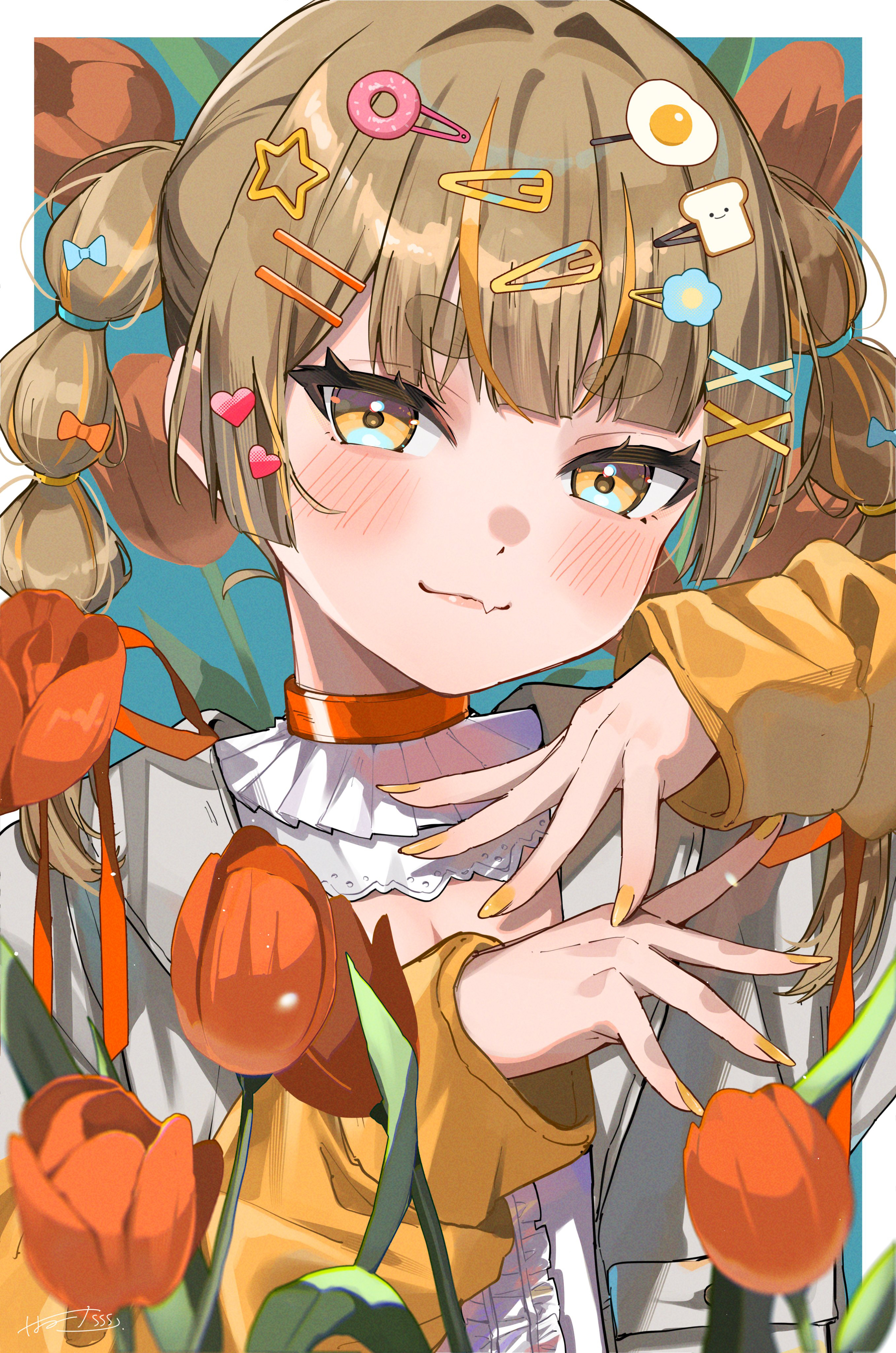 haru yu, original, absurdres, commentary, highres, 1girl, blue background, blush, border, brown hair, choker, closed mouth, fang, fang out, flower, hair ornament, hairclip, hands up, jacket, long hair, long sleeves, looking at viewer, nail polish, open clothes, open jacket, orange flower, orange tulip, outside border, parallel hairclips, red choker, shirt, signature, skin fang, smile, solo, thick eyebrows, tulip, twintails, upper body, white border, white shirt, x hair ornament, yellow eyes, yellow jacket, yellow nails