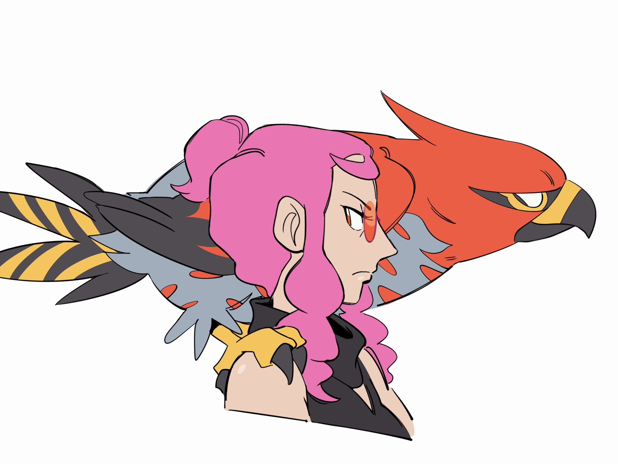 lynn (daisiloou), malva (pokemon), talonflame, nintendo, pokemon, pokemon xy, commentary, highres, 1girl, bird, black shirt, closed mouth, eyelashes, from side, frown, gen 6 pokemon, looking back, on shoulder, pink hair, pokemon (creature), pokemon on shoulder, shirt, sidelocks, simple background, sleeveless, sleeveless shirt, sunglasses, white background