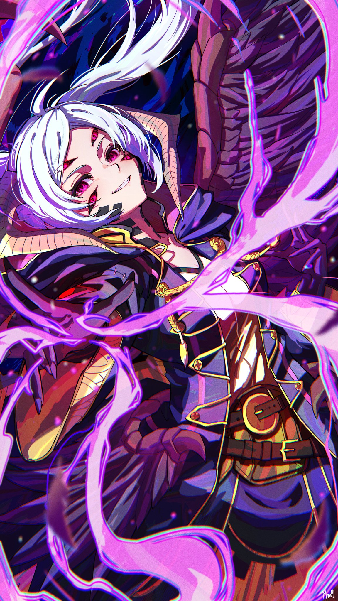 milo monzon, female robin (fire emblem), female robin (grima) (fire emblem), female robin (grima) (tyrant of despair) (fire emblem), fire emblem, fire emblem awakening, fire emblem heroes, nintendo, highres, 1girl, belt buckle, black gloves, black sclera, black wings, breasts, buckle, cloak, colored sclera, extra eyes, feathered wings, gloves, hood, hooded cloak, horns, long hair, medium breasts, official alternate costume, red eyes, smile, solo, twintails, white hair, wings
