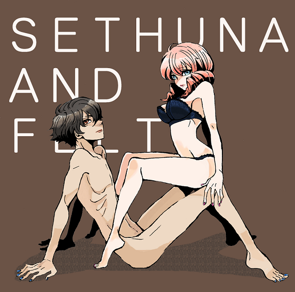 shiro ta, shiroshiro, feldt grace, setsuna f. seiei, gundam, gundam 00, bad id, bad pixiv id, 00s, 1boy, 1girl, barefoot, black hair, blue eyes, bra, brown background, character name, couple, hetero, lingerie, lipstick, makeup, nail polish, nude, pink hair, red eyes, ribs, short hair, twintails, typo, underwear