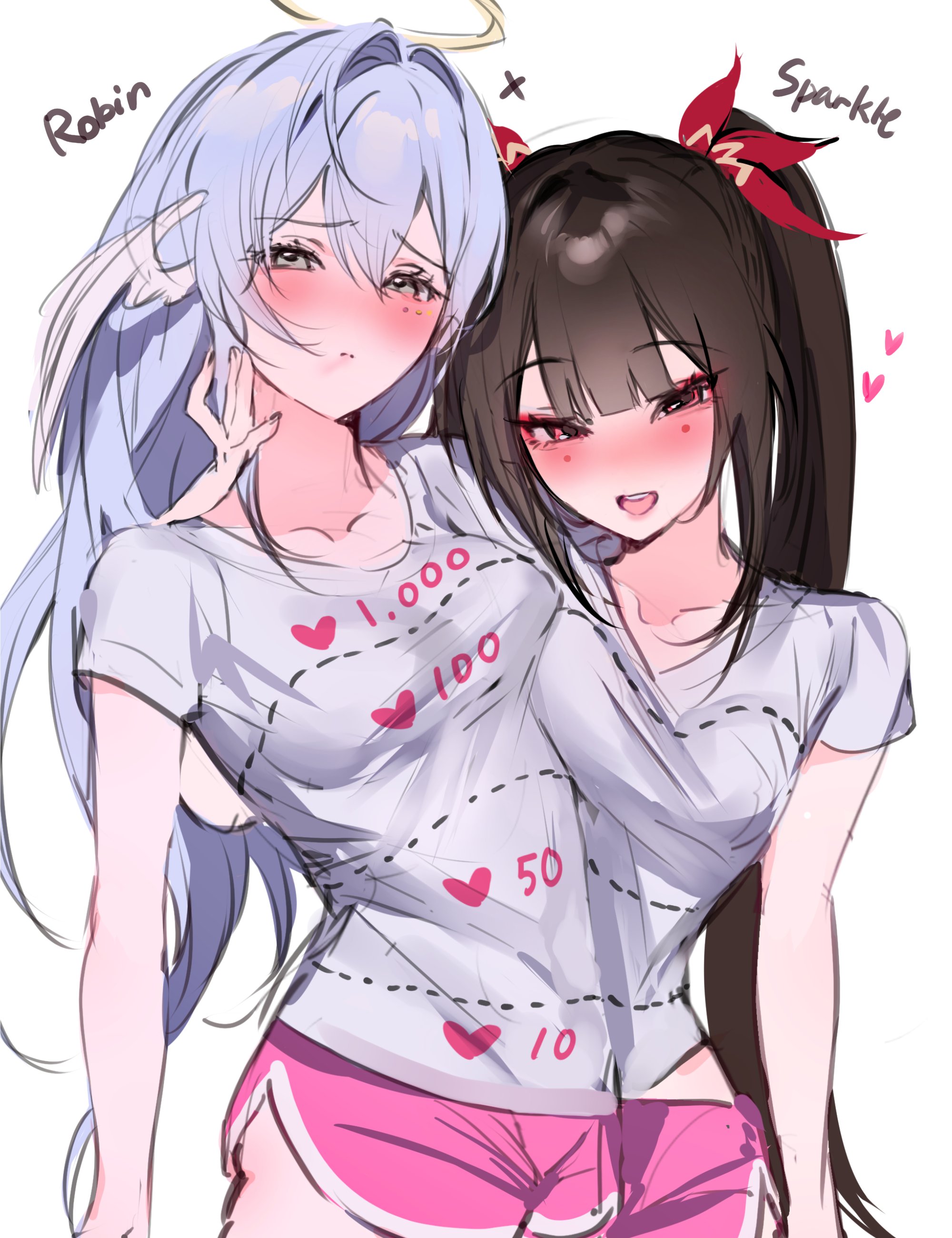 li nauu, robin (honkai: star rail), sparkle (honkai: star rail), honkai: star rail, honkai (series), absurdres, highres, 2girls, blue hair, blush, breasts, brown hair, cowboy shot, cut-here line, dolphin shorts, green eyes, hair between eyes, jewel under eye, long hair, medium breasts, multiple girls, red eyes, shirt, shorts, simple background, t-shirt, twintails, twitter strip game, very long hair, white shirt