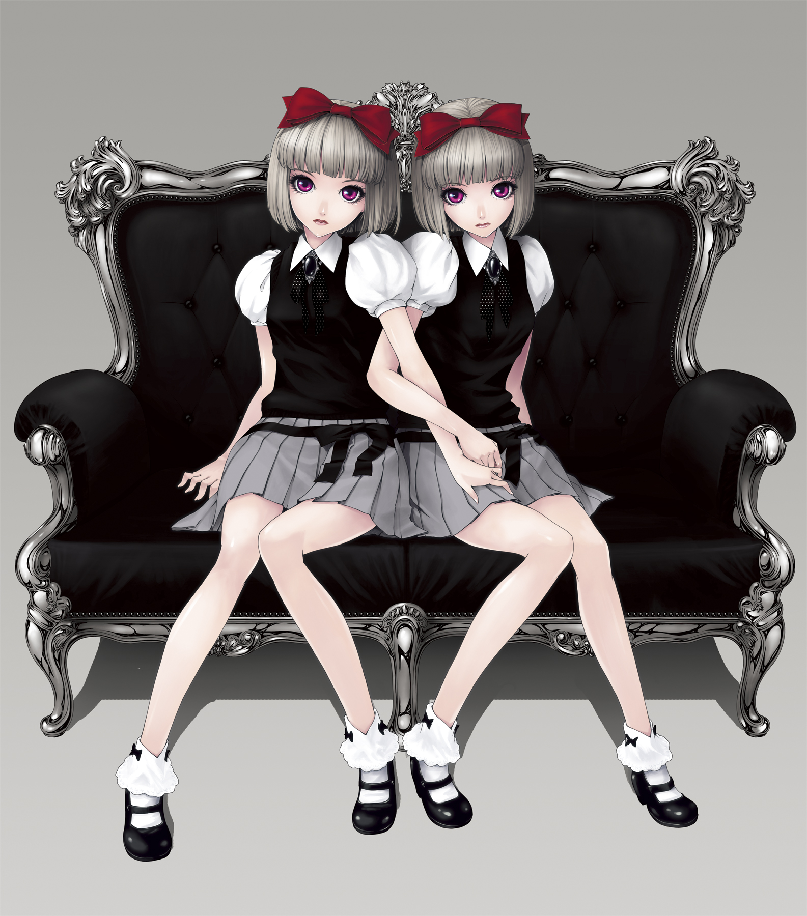 kunishige keiichi, original, black footwear, white legwear, highres, 2girls, blunt bangs, bob cut, bobby socks, bow, bow legwear, brooch, couch, creepy, expressionless, eyelashes, full body, goth fashion, gothic lolita, grey background, grey hair, grey skirt, hair bow, jewelry, knees together feet apart, legs, lips, lipstick, locked arms, lolita fashion, long legs, looking at viewer, makeup, mary janes, miniskirt, multiple girls, neck ribbon, pleated skirt, puffy short sleeves, puffy sleeves, red bow, red eyes, ribbon, shoes, short hair, short sleeves, siblings, sisters, sitting, skirt, socks, twins