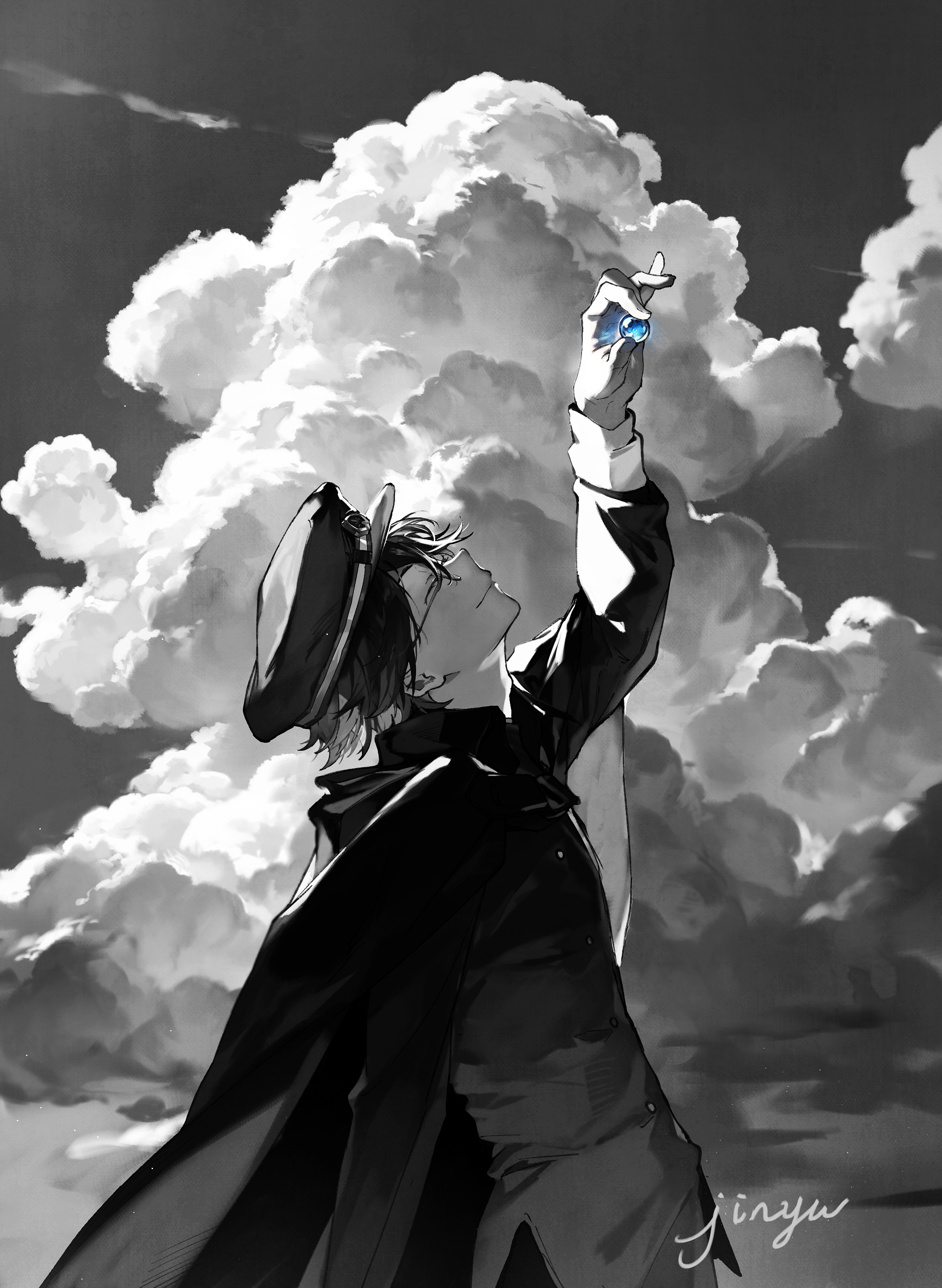 edogawa ranpo (bungou stray dogs), bungou stray dogs, absurdres, highres, 1boy, black hair, cape, closed eyes, cloud, cloudy sky, greyscale, holding, looking at object, marble (toy), monochrome, school uniform, shenmidexiaoxiaohao, shirt, sky, smile, spot color, white shirt