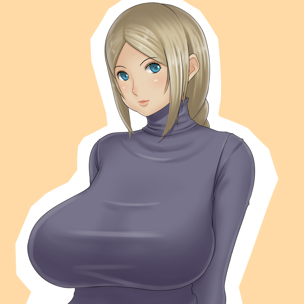 monmonism, original, bad id, bad pixiv id, blue eyes, blush, braid, breasts, brown hair, huge breasts, lips, long hair, single braid, solo, sweater