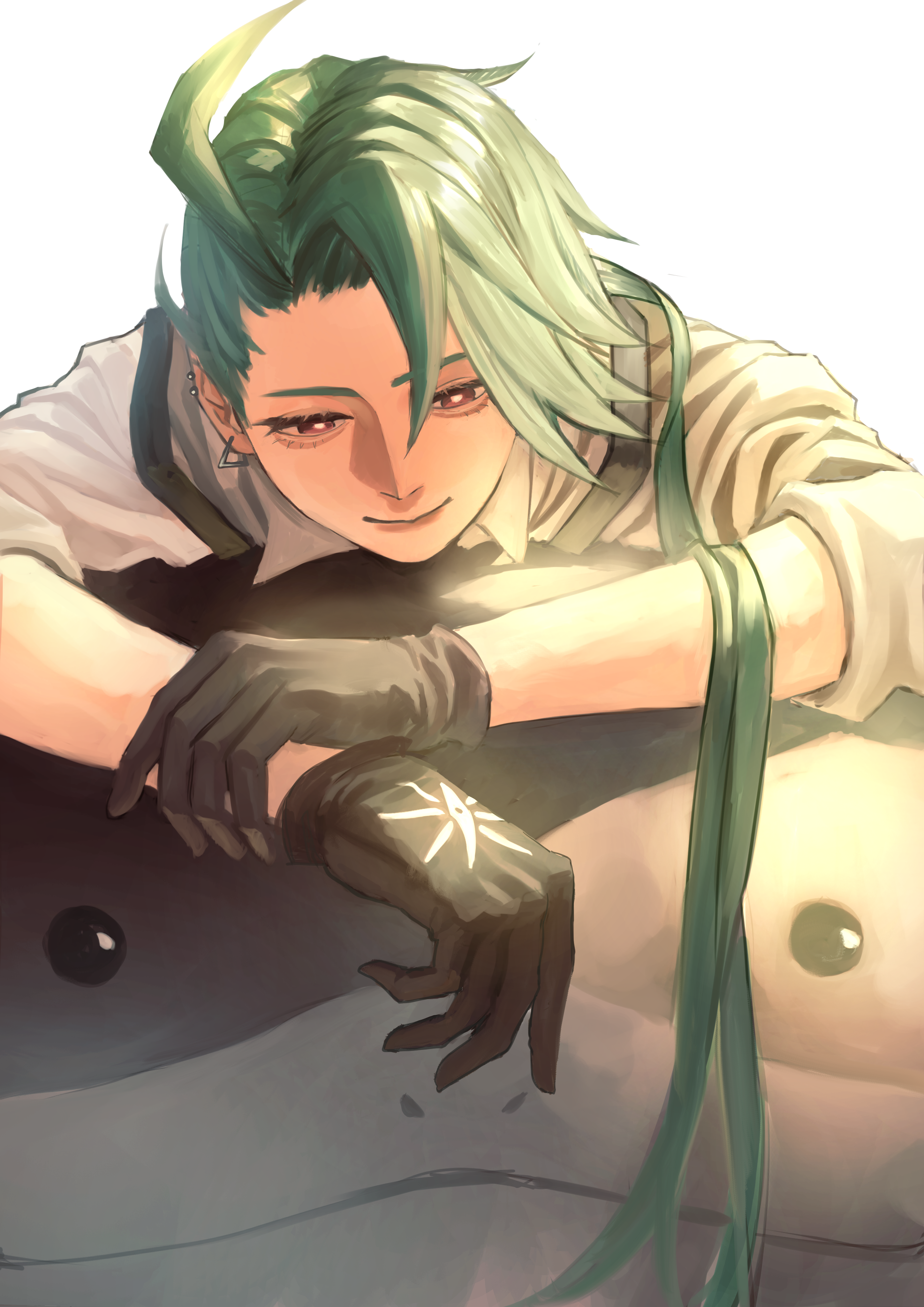 bonjindaaa, clodsire, rika (pokemon), nintendo, pokemon, pokemon sv, absurdres, commentary request, highres, 1girl, ahoge, bright pupils, brown eyes, closed mouth, collared shirt, gloves, green hair, hair between eyes, long hair, pokemon (creature), shirt, sleeves rolled up, smile, suspenders, white background
