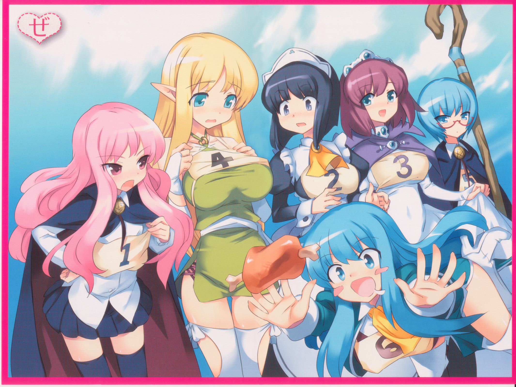 usatsuka eiji, henrietta de tristain, kirche augusta frederica von anhalt zerbst, louise francoise le blanc de la valliere, siesta (zero no tsukaima), sylpheed, tabitha (zero no tsukaima), tiffania westwood, zero no tsukaima, highres, 00s, 6+girls, black hair, blonde hair, blue eyes, blue hair, blush, boned meat, breasts, cape, food, huge breasts, long hair, meat, multiple girls, pentacle, pink eyes, pink hair, pointy ears, saliva, short hair, skirt, staff, thighhighs