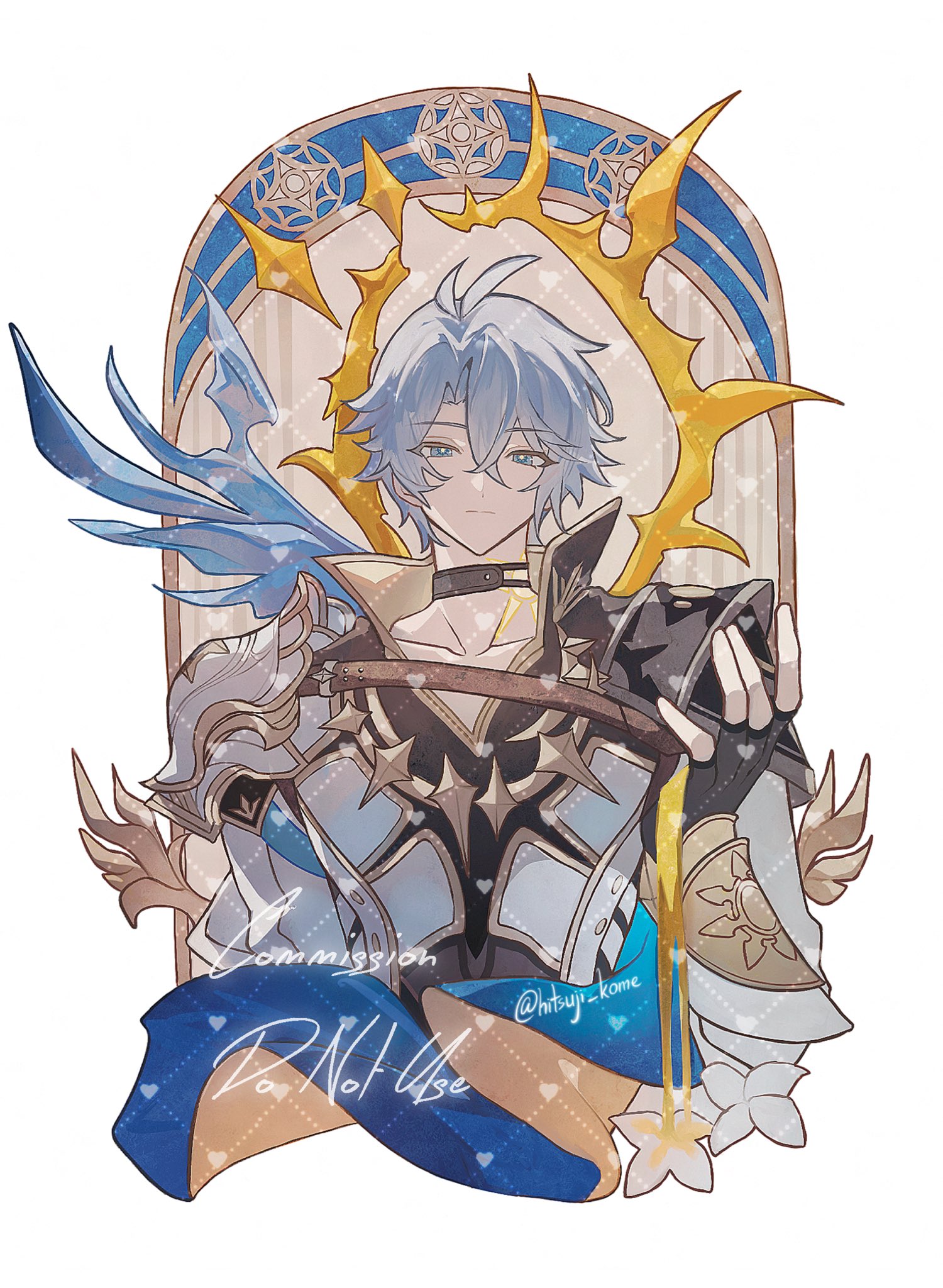 329kome, phainon (honkai: star rail), honkai: star rail, honkai (series), commission, highres, 1boy, antenna hair, armor, artist name, black choker, black shirt, blue cape, blue eyes, cape, choker, closed mouth, cropped torso, curtained hair, flower, hair between eyes, halo, halo behind head, hand up, long sleeves, looking at viewer, male focus, neck tattoo, pauldrons, shirt, short hair, shoulder armor, simple background, single pauldron, single wing, solo, sun symbol, sun tattoo, tan, tattoo, twitter username, watermark, white background, white flower, white hair, wings, yellow blood, yellow pupils