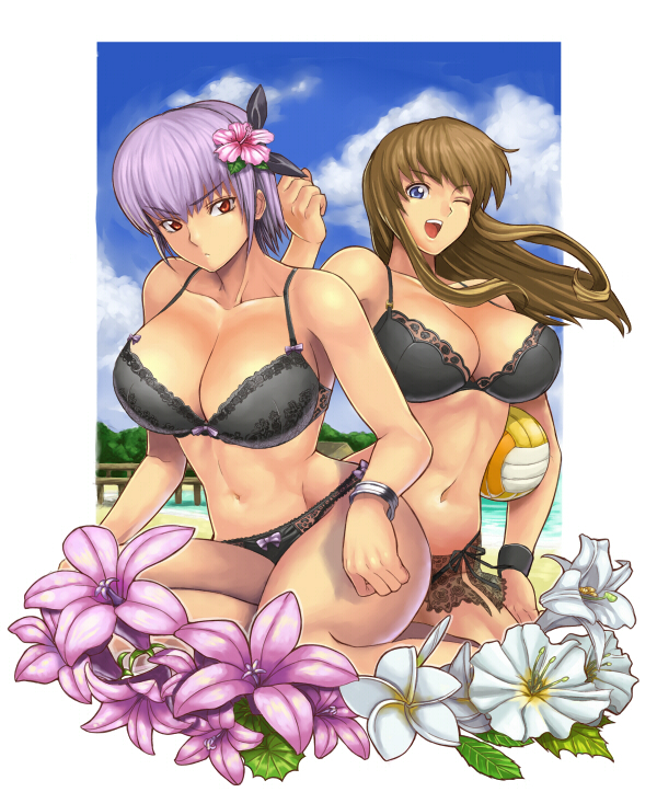 ibanen, ayane (doa), hitomi (doa), dead or alive, tecmo, bad id, bad pixiv id, 2girls, ball, black bra, black panties, blue eyes, bra, breasts, brown hair, cleavage, curvy, day, flower, hair flower, hair ornament, hibiscus, holding, holding ball, large breasts, lily (flower), long hair, multiple girls, muscular, navel, one eye closed, panties, purple hair, red eyes, short hair, underwear, underwear only, volleyball (object), wink