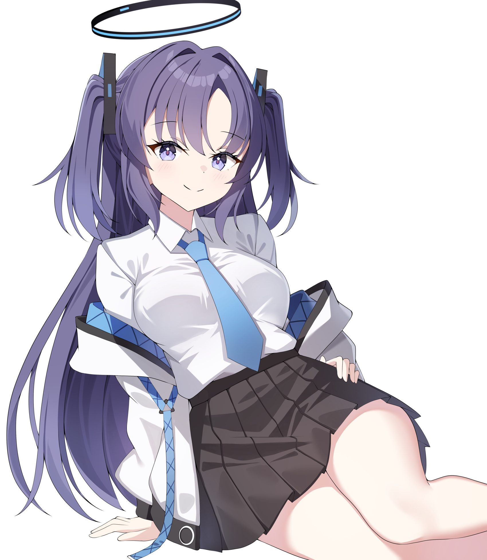 sob (submar1089), yuuka (blue archive), blue archive, highres, 1girl, black halo, black skirt, halo, long hair, looking at viewer, mechanical halo, necktiz, pleated skirt, purple eyes, purple hair, shirt, simple background, skirt, smile, solo, two side up, white background, white shirt