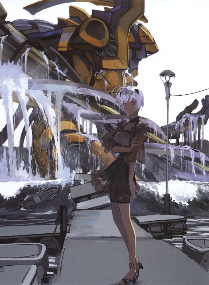 yamashita ikuto, ayanami rei, eva 00, neon genesis evangelion, neon genesis evangelion anima, non-web source, 1girl, blue hair, boat, casual, dock, dress, female focus, high heels, lamppost, mecha, pink eyes, robot, sandals, see-through clothes, shoes, short hair, solo, water, watercraft