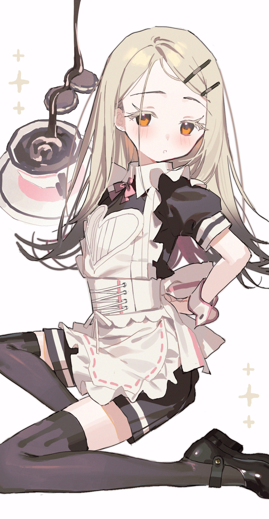 measho, shinosawa hiro, gakuen idolmaster, idolmaster, highres, 1girl, apron, black hair, black shoes, black shorts, black thighhighs, blonde hair, blush, earrings, gradient hair, hair ornament, hairclip, jewelry, long hair, looking at viewer, maid, maid apron, multicolored hair, orange eyes, parallel hairclips, parted lips, puffy short sleeves, puffy sleeves, shoes, short shorts, short sleeves, shorts, simple background, solo, stud earrings, thick eyelashes, thighhighs, unconventional maid, white background, white wrist cuffs, wrist cuffs