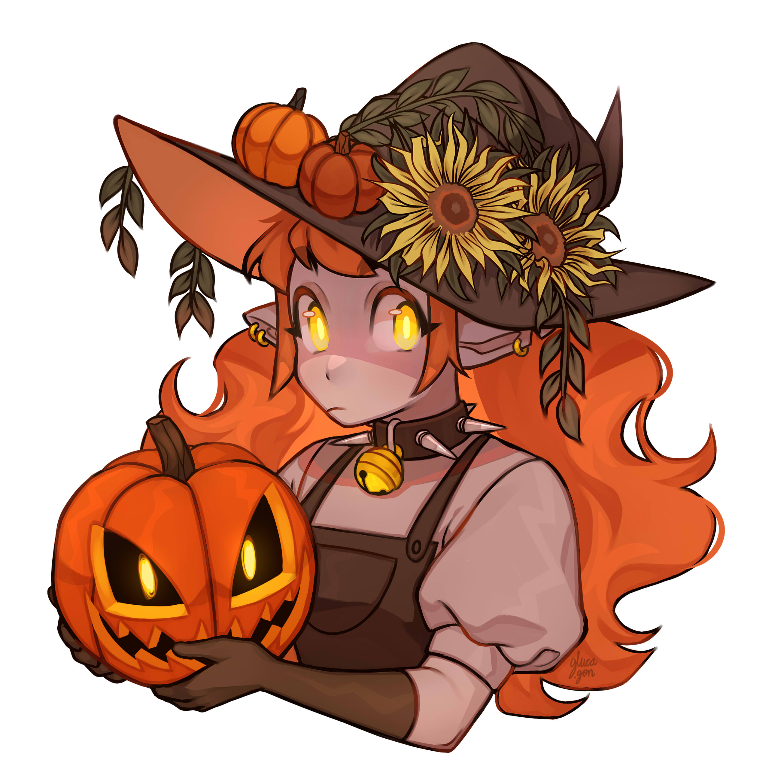 original, absurdres, commentary, english commentary, highres, 1girl, bell, brown gloves, collar, cropped torso, curly hair, earrings, elbow gloves, flower, frown, gloves, gluca, hat, hat flower, jack-o'-lantern, jewelry, multiple earrings, neck bell, orange hair, pointy ears, puffy short sleeves, puffy sleeves, pumpkin, short sleeves, signature, solo, spiked collar, spikes, sunflower, upper body, witch hat, yellow eyes