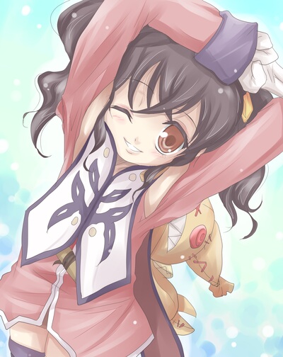 akudama geku, anise tatlin, tokunaga (tales), tales of (series), tales of the abyss, bad id, bad pixiv id, 00s, 1girl, black hair, brown eyes, doll, female focus, gloves, one eye closed, smile, solo, stretching, twintails, wink