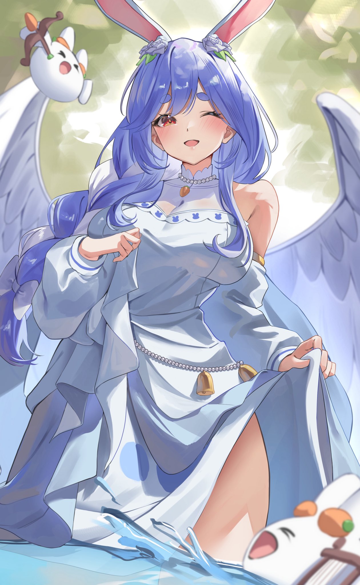 pendora1022, pekomama, pekomama (angel), pekomon, hololive, commentary request, highres, 1girl, ;d, angel, angel wings, animal ears, bead necklace, beads, bell, blue hair, blurry, blush, braid, breasts, carrot necklace, clothes lift, depth of field, detached sleeves, dress, dress lift, feathered wings, flower, hair between eyes, hair flower, hair ornament, hair over shoulder, halter dress, halterneck, high collar, hikimayu, jewelry, large breasts, long dress, long hair, long sleeves, low-braided long hair, low-tied long hair, multicolored hair, necklace, official alternate costume, one eye closed, open mouth, orange eyes, rabbit ears, rabbit girl, see-through cleavage, see-through clothes, short eyebrows, sleeveless, sleeveless dress, smile, solo, thick eyebrows, thigh peek, two-tone hair, virtual youtuber, wading, white dress, white hair, wings