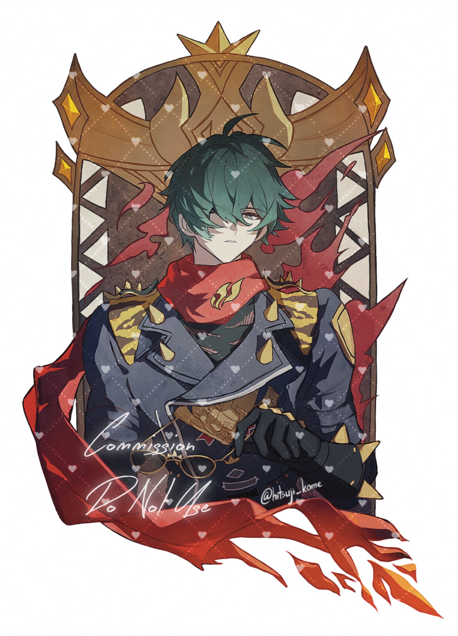 329kome, lighter (zenless zone zero), zenless zone zero, commission, highres, 1boy, ahoge, arm at side, artist name, black jacket, elbow gloves, gloves, green hair, hair over one eye, hand up, holding, holding removed eyewear, jacket, leather, leather jacket, long sleeves, looking at viewer, male focus, parted lips, red scarf, scarf, short hair, shoulder spikes, simple background, solo, spiked jacket, spikes, studded gloves, sunglasses, torn clothes, torn scarf, twitter username, unworn eyewear, watermark, white background