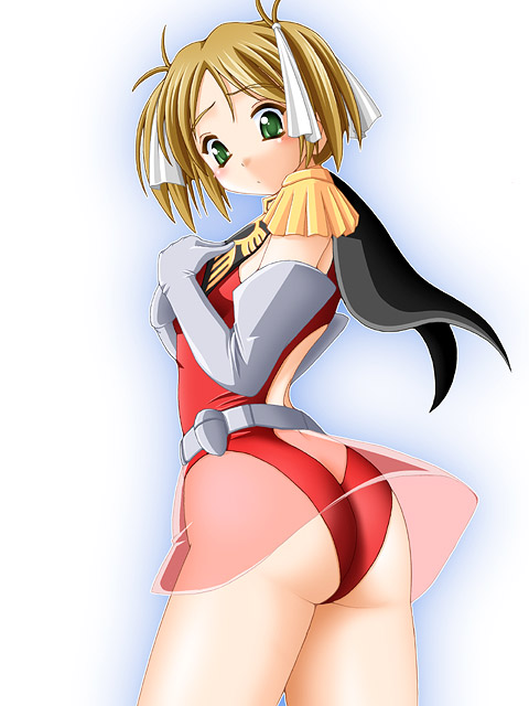 keito, catharine blitzen, reiko holinger, gundam, gundam card builder, uniform, 1girl, ass, back, blonde hair, blush, catharine blitzen (cosplay), cosplay, elbow gloves, female focus, gloves, green eyes, highleg, highleg leotard, leotard, red leotard, see-through clothes, solo, twintails