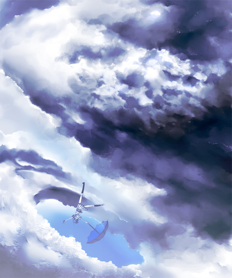 kahadu (kawazu), original, bad id, bad pixiv id, cloud, falling, school uniform, serafuku, skirt, sky, solo, umbrella