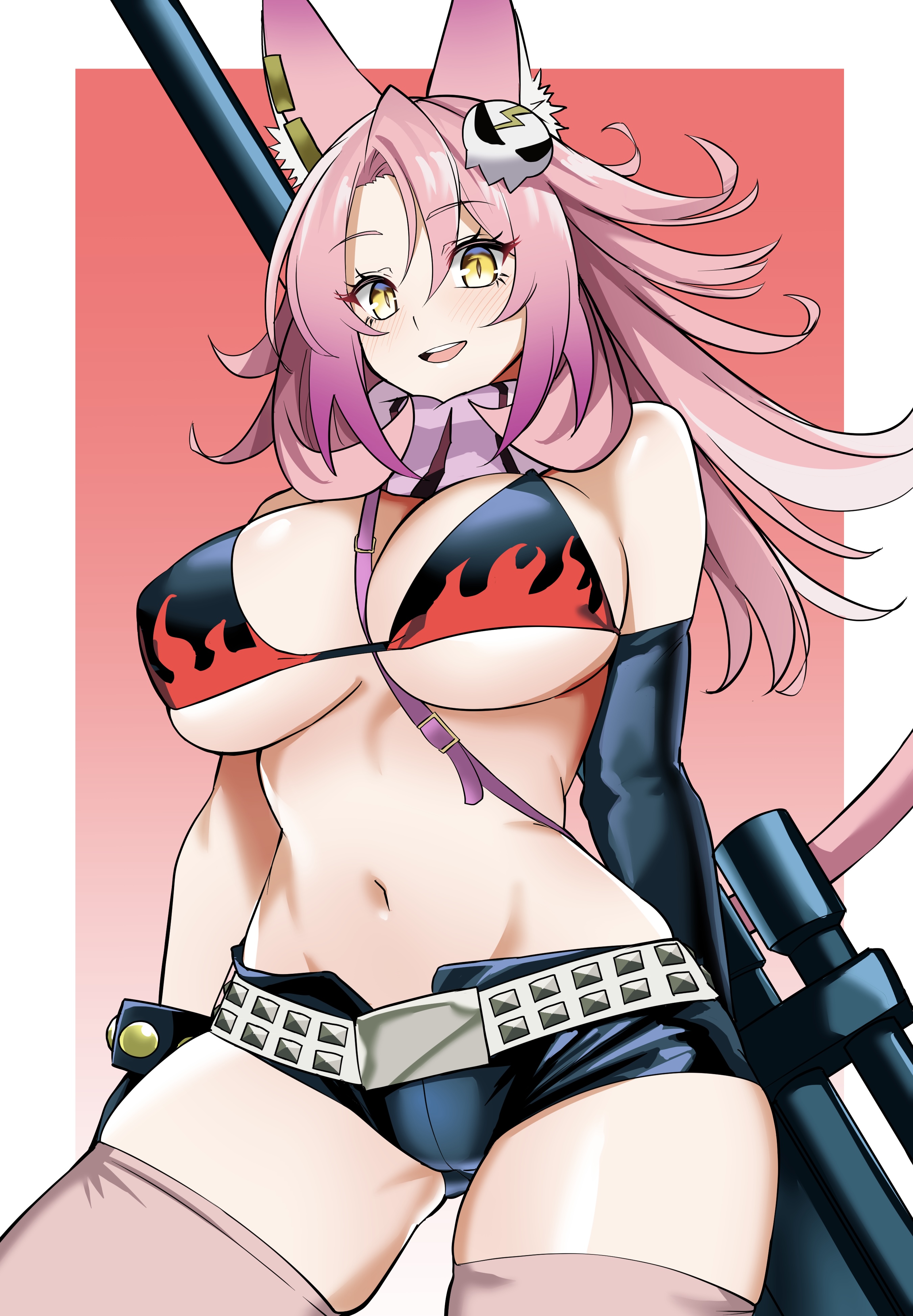 synchroman, inoue marina, tri-brigade ferrijit the barren blossom, yoko littner, tengen toppa gurren lagann, yu-gi-oh!, absurdres, commentary request, highres, 1girl, animal ear fluff, animal ears, bikini, black bikini, black shorts, breasts, cosplay, duel monster, gradient background, groin, hair ornament, large breasts, long hair, looking at viewer, navel, open mouth, pink hair, red background, shorts, skull hair ornament, smile, solo, swimsuit, two-tone background, voice actor connection, white background, yoko littner (cosplay)