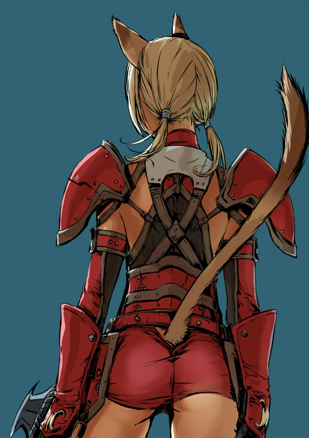 branch (blackrabbits), mithra (ff11), final fantasy, final fantasy xi, bad id, bad pixiv id, 00s, 1girl, animal ears, armor, arms at sides, ass, back, blonde hair, blue background, clothing cutout, cowboy shot, faulds, female focus, high-waist shorts, holding, holding sword, holding weapon, pauldrons, shorts, shoulder armor, simple background, skin tight, solo, sword, tail, tail through clothes, twintails, weapon