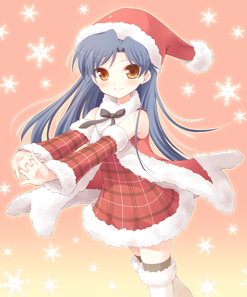 komi zumiko, kisaragi chihaya, idolmaster, idolmaster (classic), bad id, bad pixiv id, 00s, 1girl, blue hair, brown eyes, christmas, detached sleeves, female focus, hat, long hair, santa costume, santa hat, snowflakes, solo, thighhighs