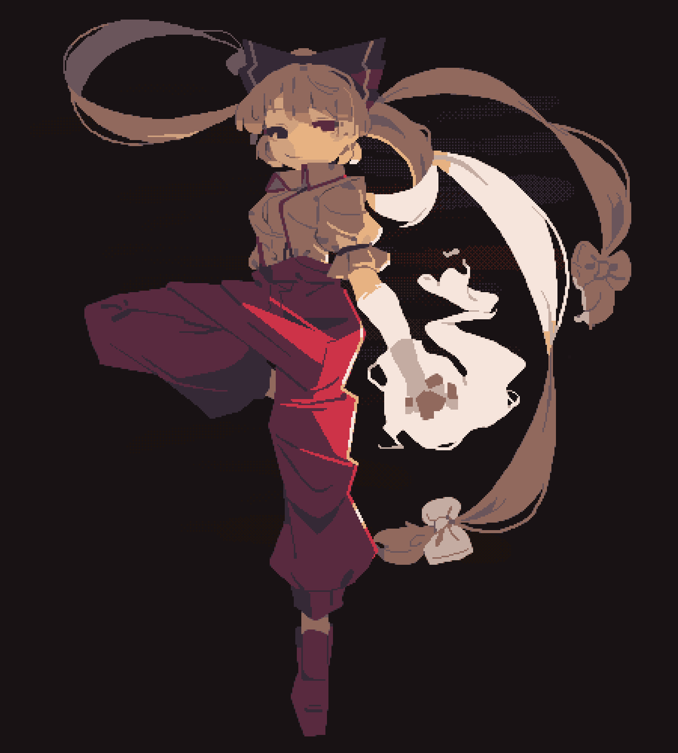 4qw5, fujiwara no mokou, touhou, commentary, highres, 1girl, black background, bow, full body, hair bow, long hair, looking at viewer, pants, red bow, red pants, red shoes, shirt, shoes, simple background, solo, standing, standing on one leg, suspenders, white bow, white hair, white shirt
