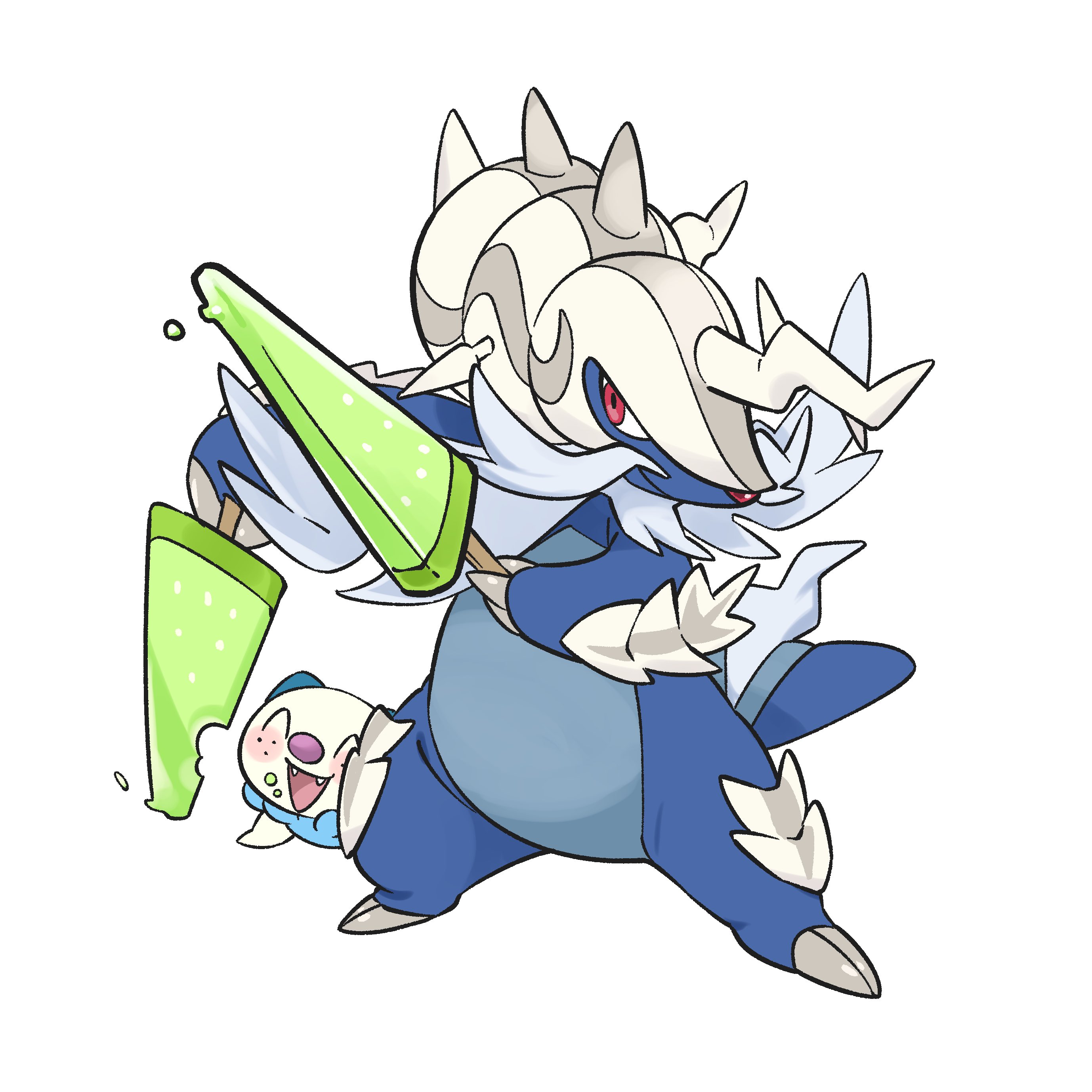 pkpokopoko3, oshawott, samurott, nintendo, pokemon, absurdres, commentary request, highres, closed mouth, eating, food, food on face, gen 5 pokemon, holding, no humans, pokemon (creature), pokemon focus, popsicle, red eyes, simple background, smile, standing, white background