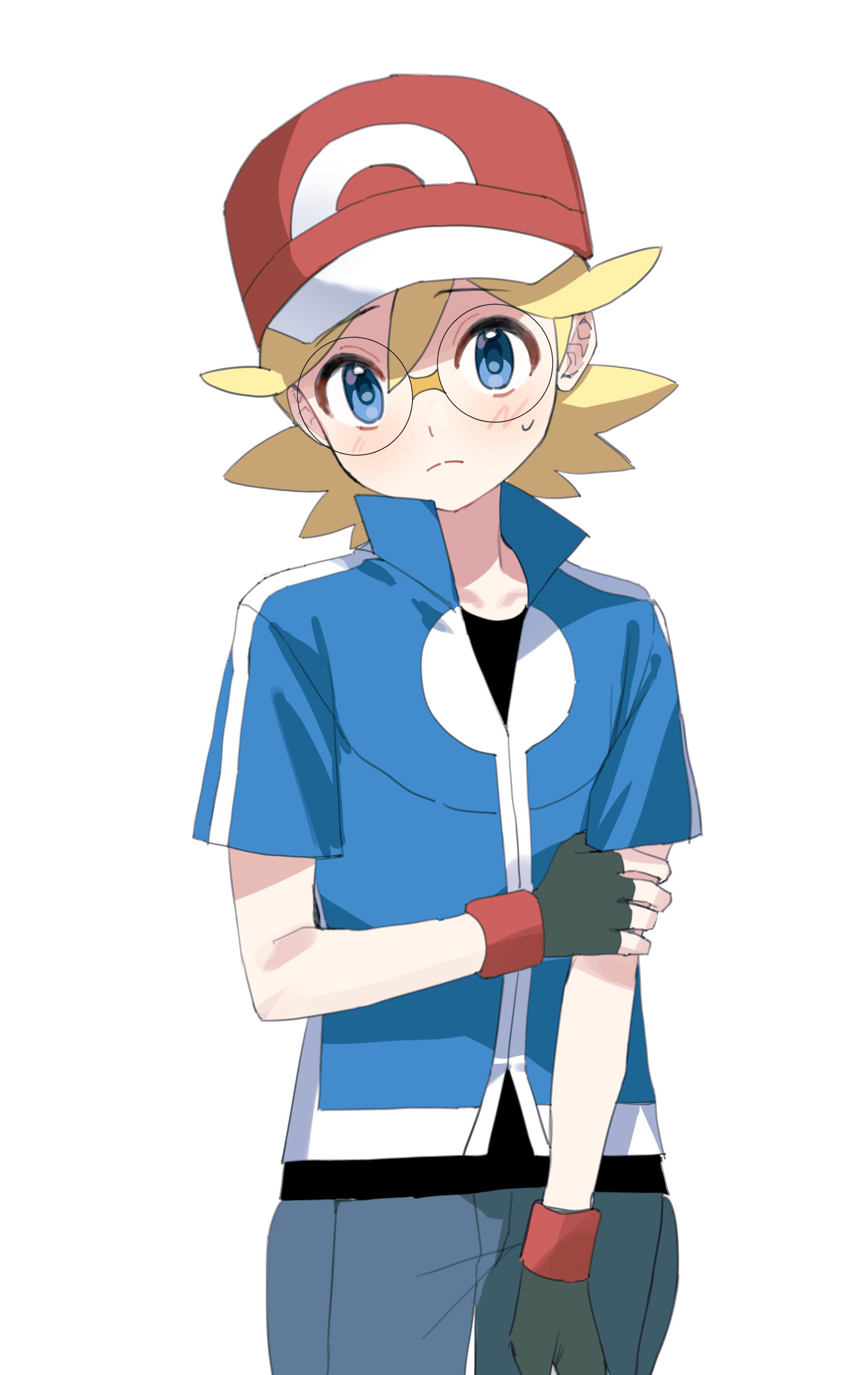 pokesudal, ash ketchum, clemont (pokemon), nintendo, pokemon, pokemon (anime), pokemon xy (anime), absurdres, commentary request, highres, korean commentary, 1boy, ash ketchum (cosplay), black shirt, blonde hair, blue eyes, blue jacket, closed mouth, collared jacket, cosplay, cowboy shot, fingerless gloves, glasses, gloves, hair between eyes, hat, jacket, looking at viewer, male focus, medium hair, pants, popped collar, red hat, round eyewear, shirt, solo, sweatdrop