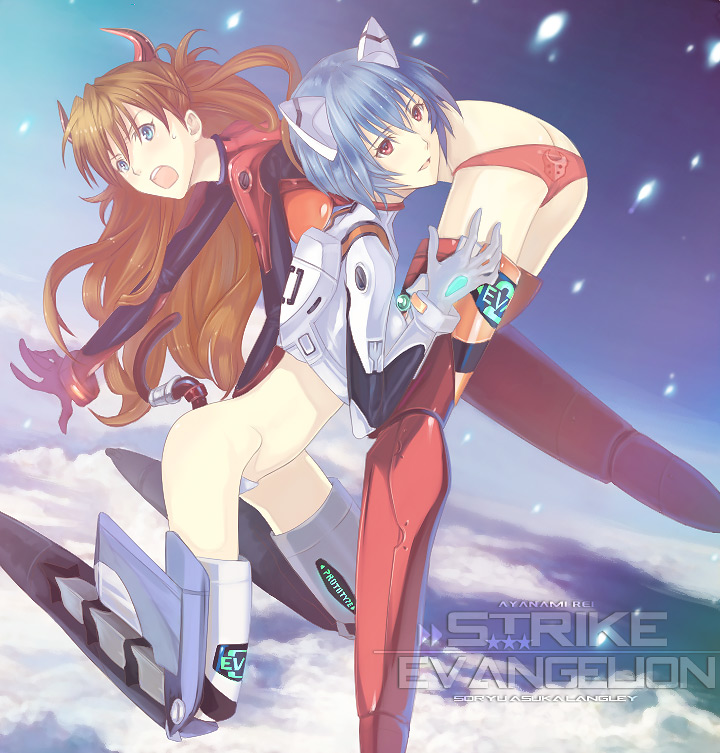 furayu (flayu), numeri (gunfra), numeri (pixiv), ayanami rei, souryuu asuka langley, neon genesis evangelion, strike witches, world witches series, bad id, bad pixiv id, 2girls, animal ears, ass, bent over, blue eyes, blue hair, butt crack, carrying, cat ears, cloud, crop top, flying, horns, long hair, looking back, lowleg, lowleg panties, maebari, mecha pilot suit, midriff, multiple girls, open mouth, orange hair, panties, parody, plugsuit (evangelion), print panties, red eyes, red panties, short hair, sky, smile, striker unit, underwear