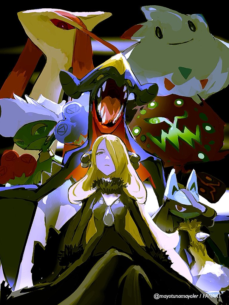 mayotsunamayo, cynthia (pokemon), garchomp, lucario, milotic, roserade, spiritomb, togekiss, nintendo, pokemon, pokemon dppt, commentary, 1girl, black coat, black collar, black pants, blonde hair, closed mouth, coat, collar, from below, fur-trimmed coat, fur collar, fur trim, gen 3 pokemon, gen 4 pokemon, grey eyes, hair ornament, hair over one eye, long hair, pants, pokemon (creature), twitter username