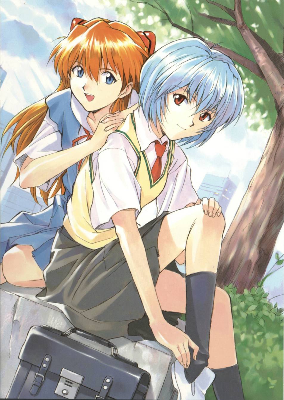 yamaguchi yasushi, ayanami rei, souryuu asuka langley, girlfriend of steel, neon genesis evangelion, neon genesis evangelion: the iron maiden 2nd, cleaned, highres, official art, scan, 2girls, :d, bag, black socks, blue eyes, blue hair, breasts, building, cityscape, closed mouth, cloud, collared shirt, day, dress, dutch angle, from side, hair between eyes, hair ornament, hand on own knee, happy, interlocked fingers, knee up, kneehighs, light smile, long hair, looking at viewer, multiple girls, necktie, open mouth, orange hair, outdoors, own hands clasped, own hands together, pleated skirt, red eyes, red hair, school bag, school uniform, shirt, shoes, short hair, short sleeves, sitting, skirt, sky, skyscraper, small breasts, smile, socks, suspender skirt, suspenders, sweater vest, tree, vest