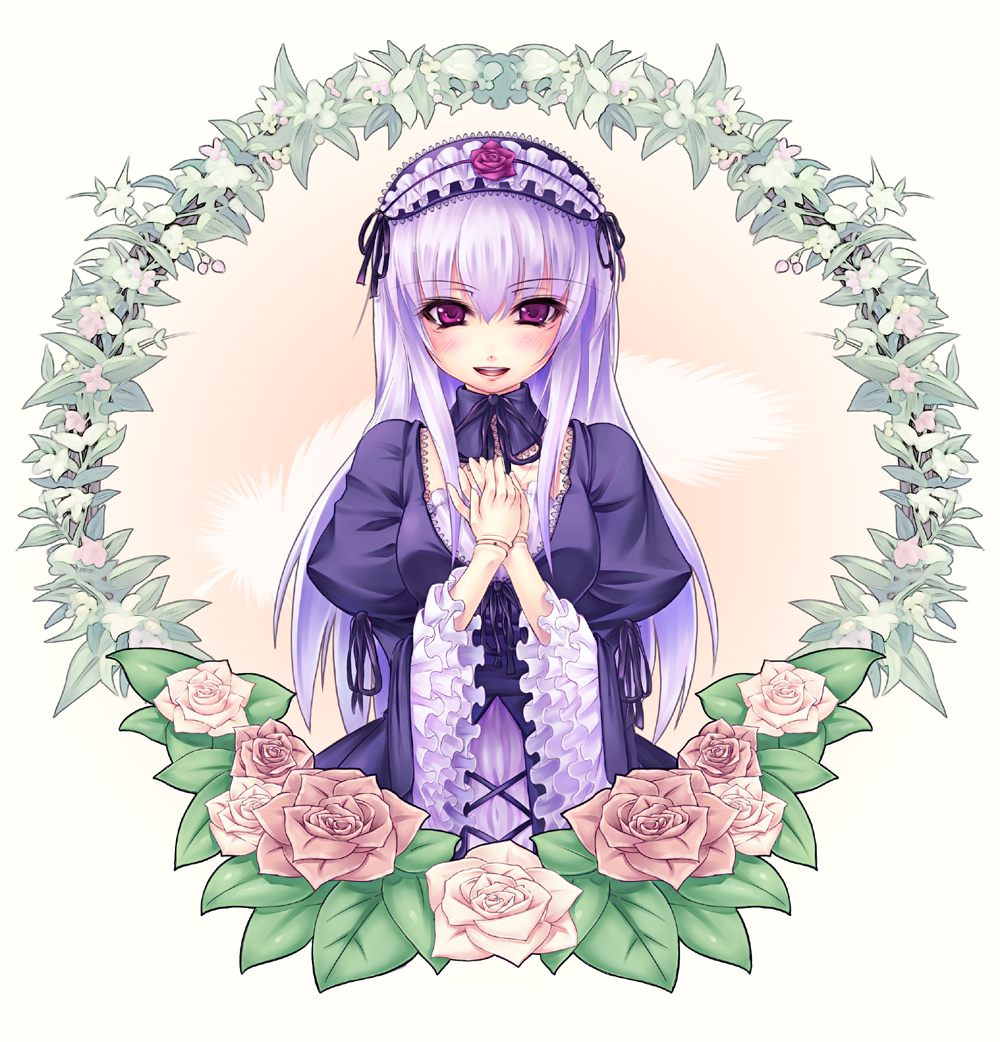 asa (swallowtail), suigintou, rozen maiden, 00s, doll joints, flower, hair between eyes, joints, long hair, purple eyes, rose, solo, white hair
