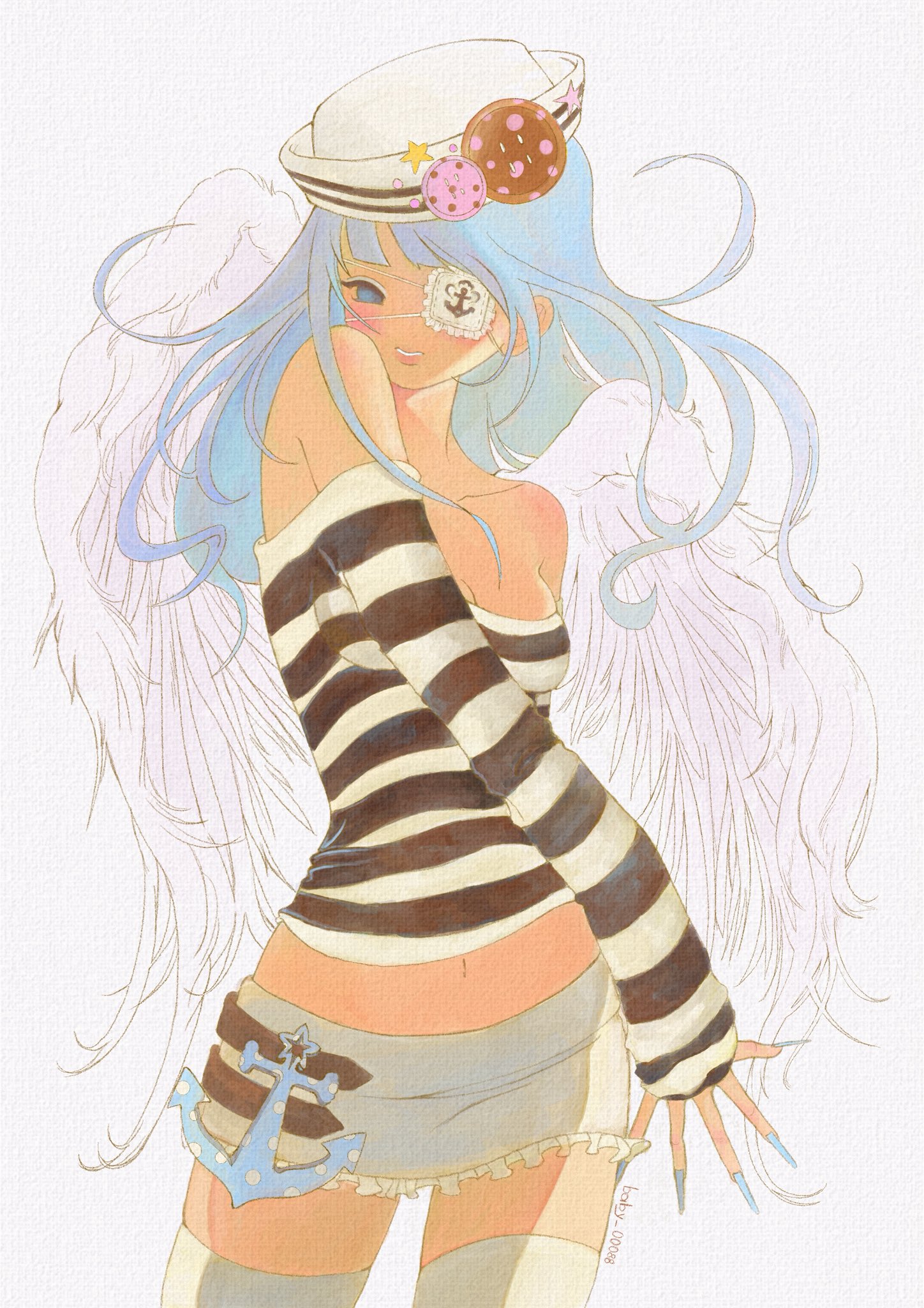 original, highres, 1girl, aiyuni, anchor, anchor print, angel wings, arm behind back, artist name, blue eyes, blue eyeshadow, blue hair, blue nails, blush, breasts, button hair ornament, choppy bangs, cleavage, collarbone, cowboy shot, dixie cup hat, double horizontal stripe, eyepatch, eyeshadow, fashion, fingernails, floating hair, frilled eyepatch, frilled skirt, frills, hat, hat ornament, head on own shoulder, large buttons, long fingernails, long hair, long sleeves, makeup, medical eyepatch, medium breasts, midriff, military hat, miniskirt, modeling, navel, no nose, no sclera, off-shoulder shirt, off shoulder, open hand, pink lips, polka dot, shadow, shirt, simple background, skirt, sleeves past wrists, smile, star (symbol), star hat ornament, striped clothes, striped shirt, tan, teeth, thighhighs, two-tone shirt, very long fingernails, white background, white skirt, white thighhighs, wings