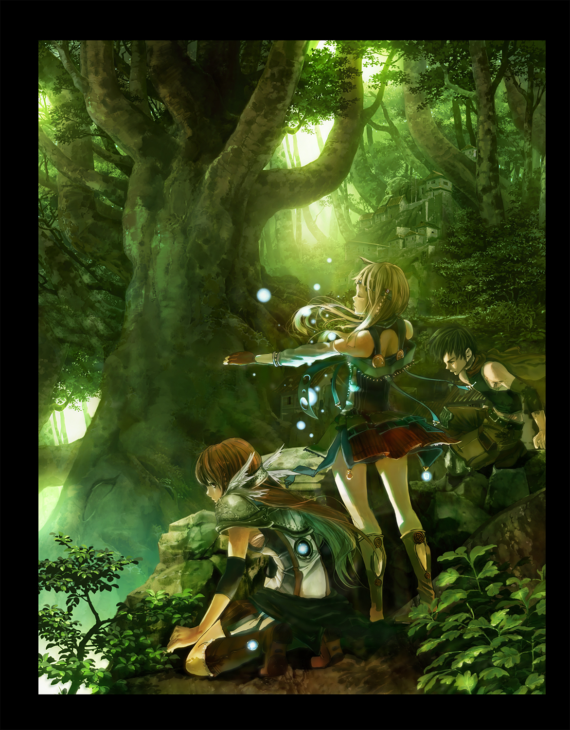 katou taira, original, framed, bad id, bad pixiv id, highres, 1boy, 2girls, armor, blonde hair, brown eyes, brown hair, closed eyes, fantasy, forest, magic, multiple girls, nature, scenery, tree