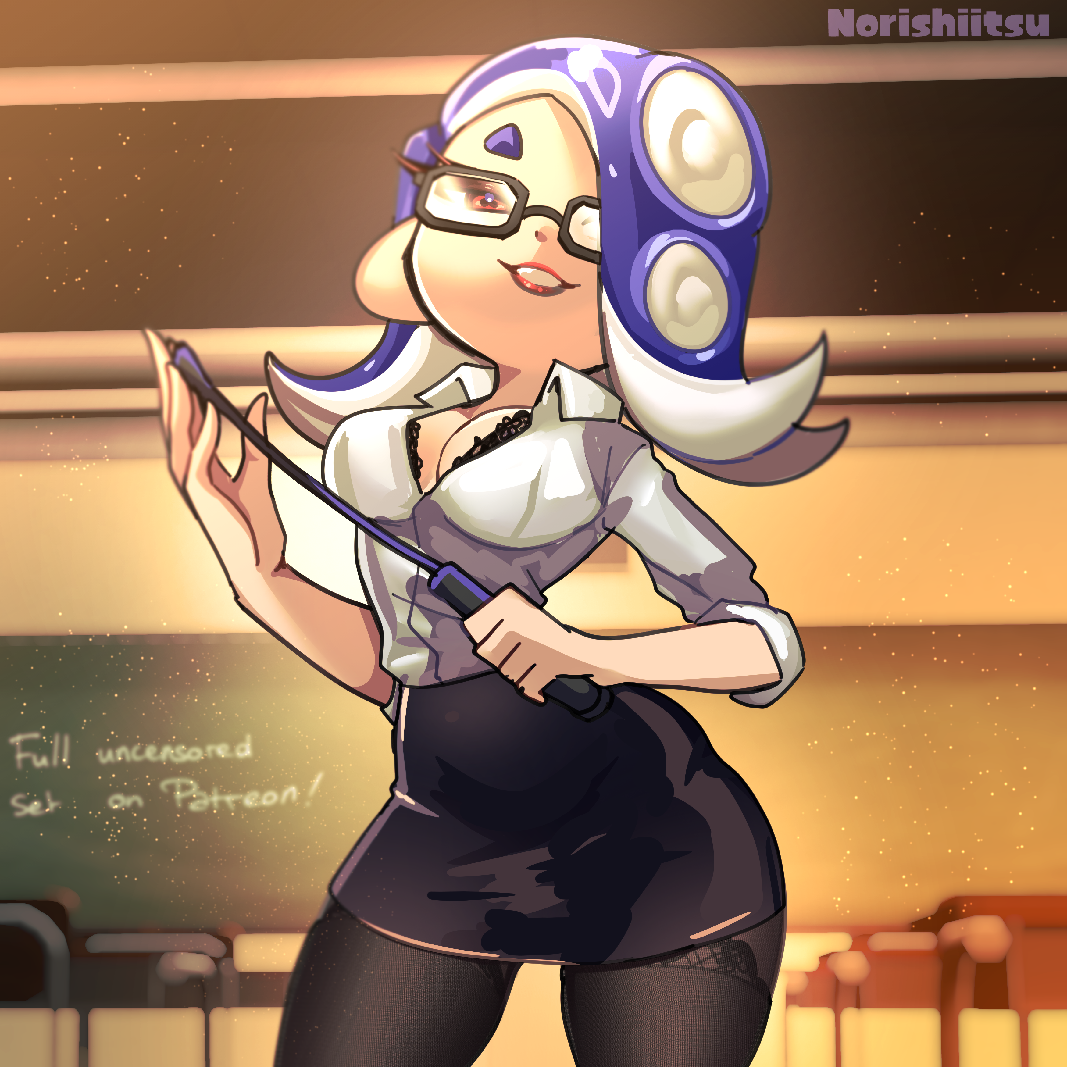 norishiitsu, shiver (splatoon), nintendo, splatoon (series), splatoon 3, 1girl, black bra, black skirt, black thighhighs, blue hair, bra, bra peek, breasts, ceiling, chair, chalkboard, classroom, cleavage, desk, glasses, grin, hair over one eye, holding, holding pointer, lace, lace-trimmed panties, lace trim, light particles, looking at viewer, medium breasts, octoling, octopus girl, panties, pencil skirt, pointer, pointy ears, red eyes, shirt, short hair, short sleeves, skirt, smile, standing, suction cups, teacher, teeth, tentacle hair, thighhighs, underwear, white shirt