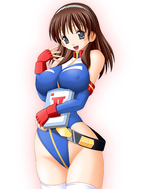 keito, catharine blitzen, reiko holinger, gundam, gundam card builder, uniform, 1girl, belt, belt skirt, breasts, brown hair, cosplay, covered erect nipples, female focus, gloves, hairband, highleg, highleg leotard, large breasts, leotard, long hair, purple eyes, reiko holinger (cosplay), smile, solo, thighhighs, white thighhighs