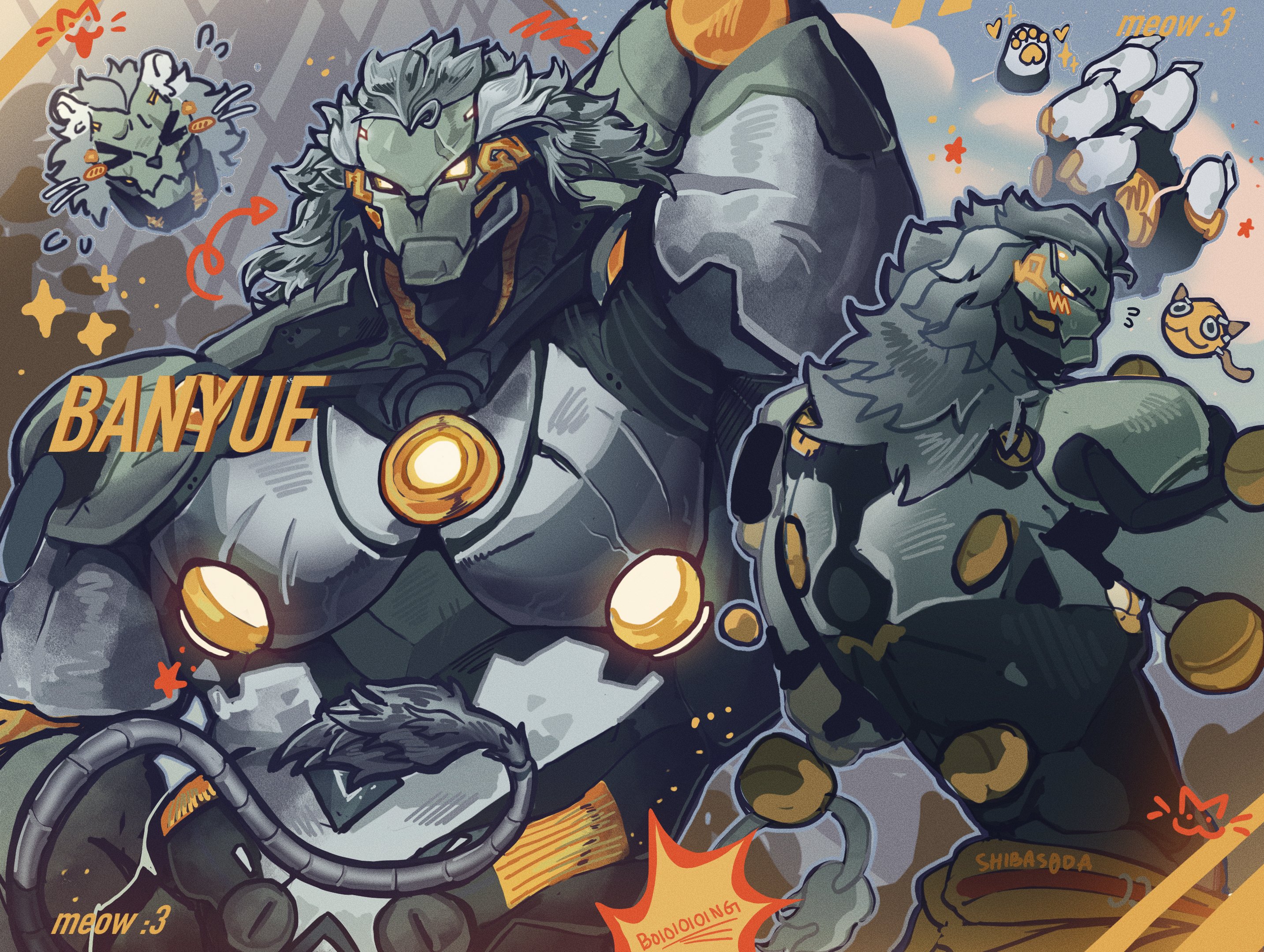 zenless zone zero, commentary, english commentary, highres, > <, 1boy, arm up, arrow (symbol), artist name, banyue (zenless zone zero), bara, blush, cat, character name, drawn whiskers, flying sweatdrops, from behind, grey hair, long hair, looking at viewer, looking back, male focus, multiple views, orb, robot boy, shibas0da