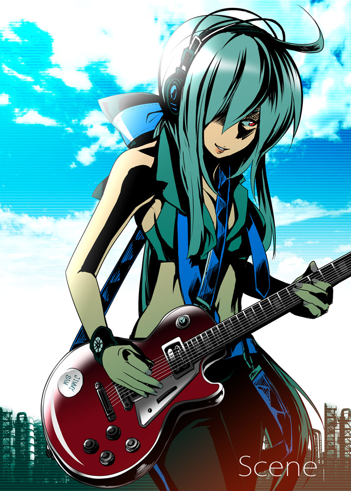 caffein, yowane haku, vocaloid, 1girl, ahoge, aqua hair, day, female focus, guitar, hair ribbon, headphones, instrument, midriff, outdoors, red eyes, ribbon, sky, solo